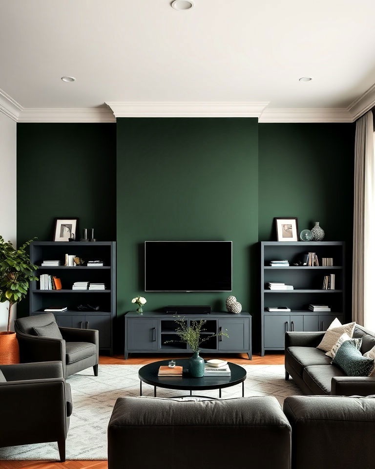 dark green accent wall with open bookcases