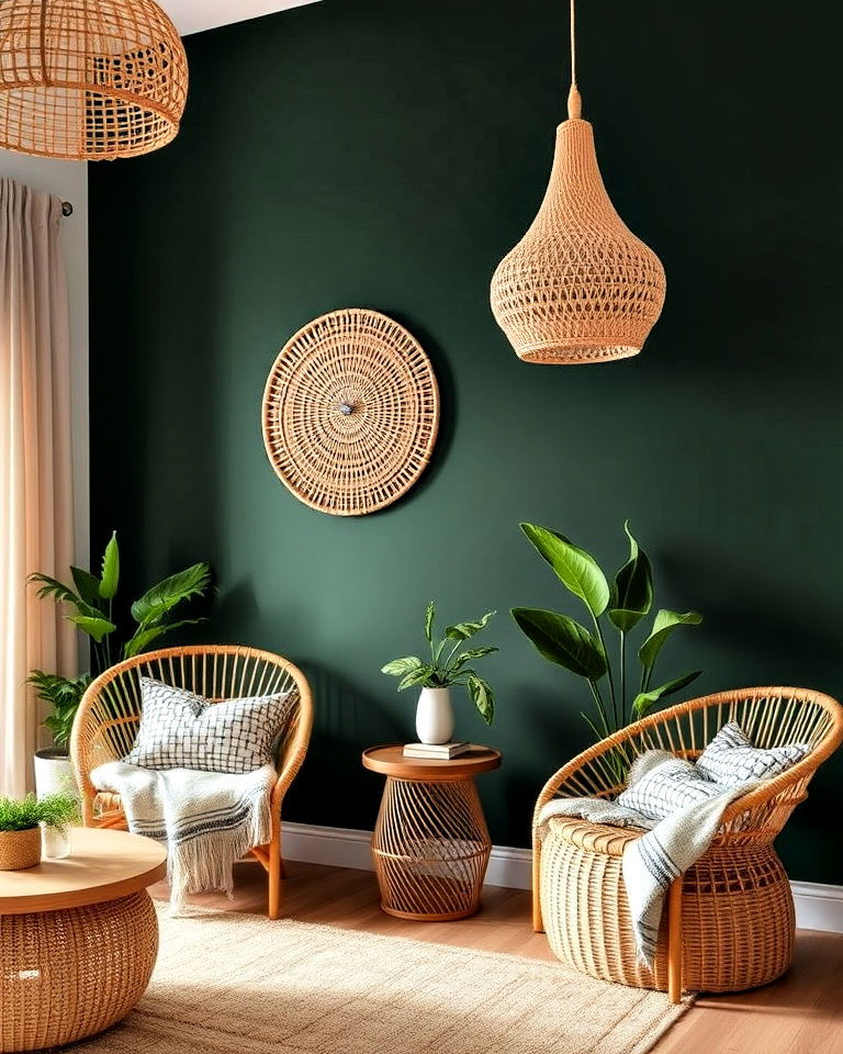 dark green accent wall with rattan accents