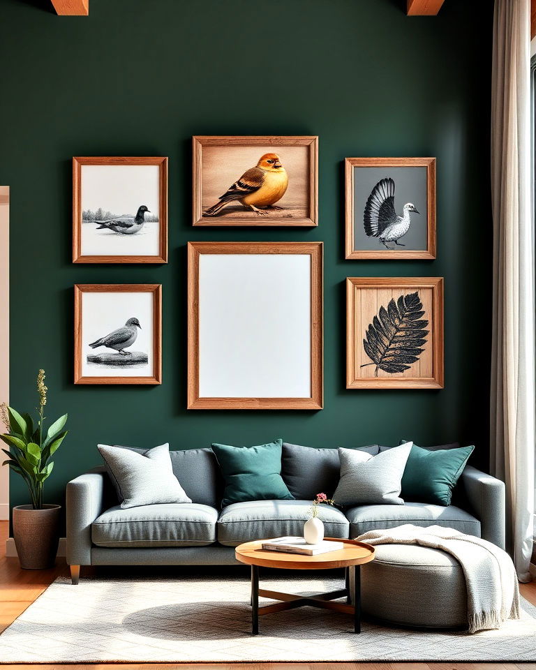dark green accent wall with rustic wooden frames