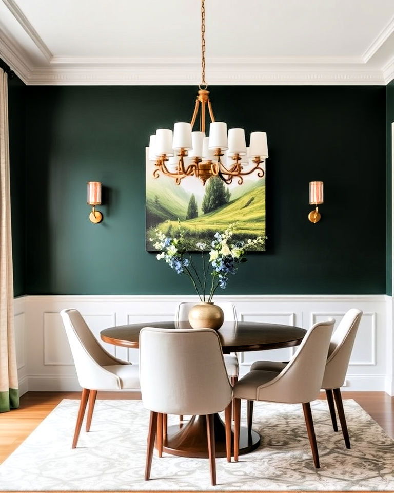 dark green accent wall with wainscoting