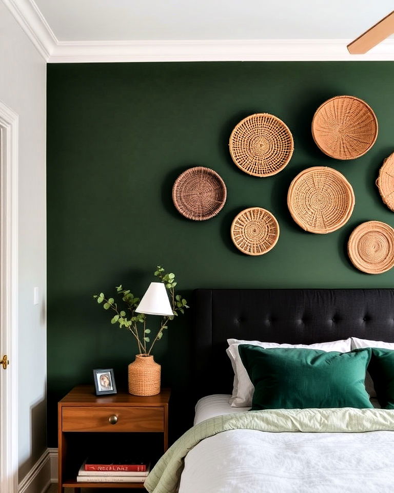 dark green accent wall with woven baskets
