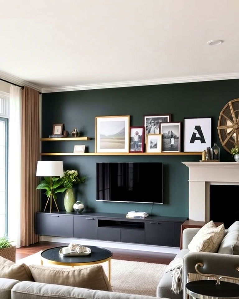dark green accents wall with brass picture ledges
