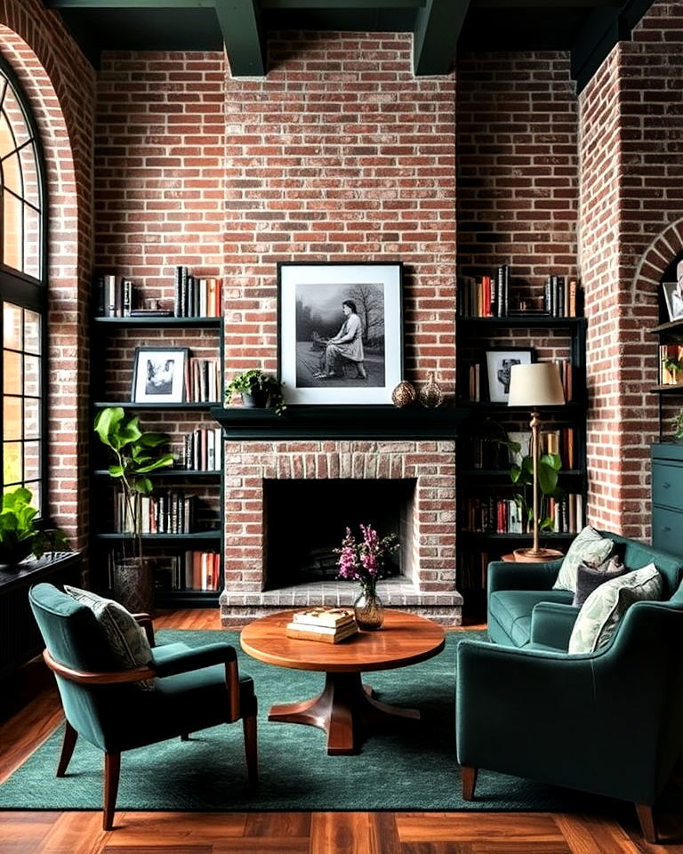 dark green and exposed brick