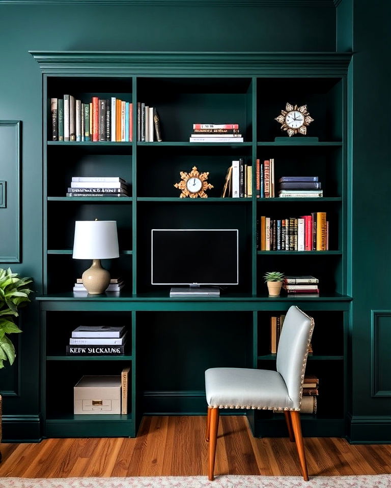 dark green bookshelves