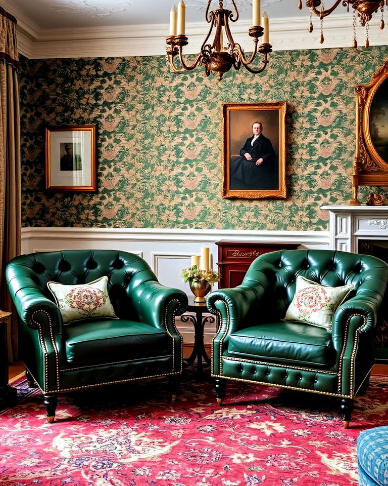 dark green chesterfield armchairs with gold detailing