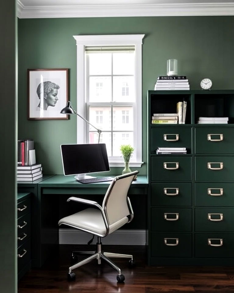 dark green filing cabinets