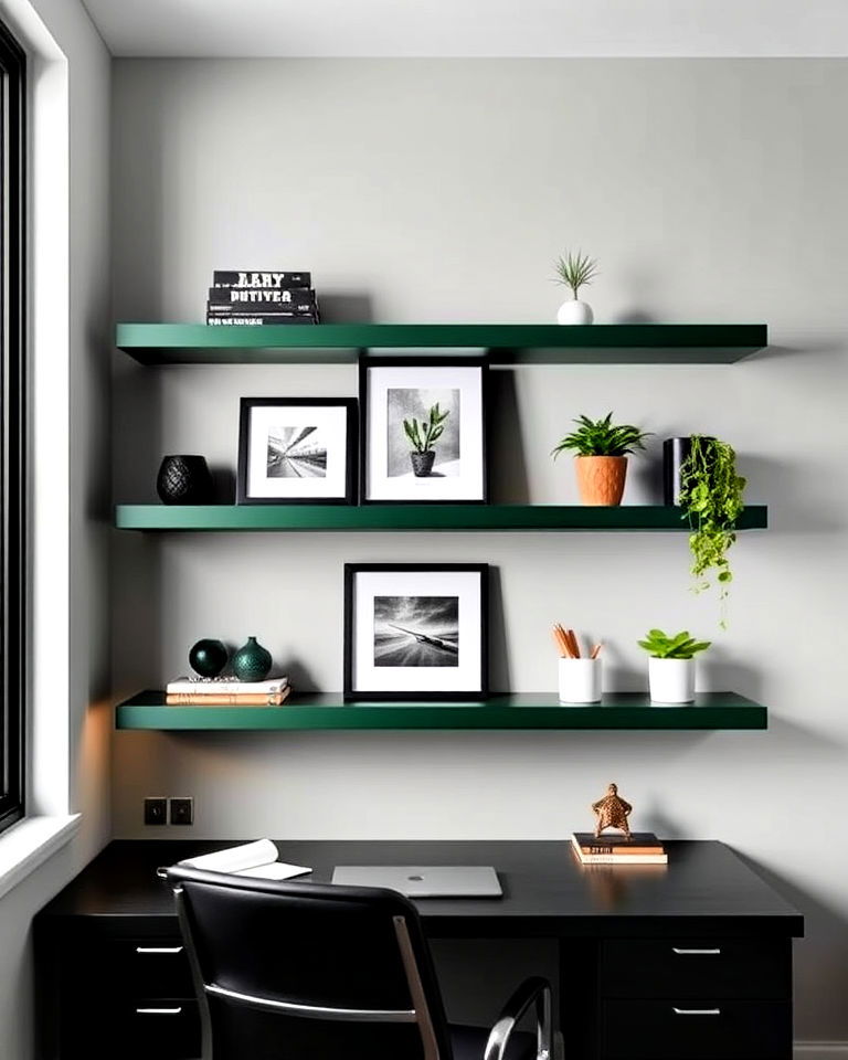 dark green floating shelves