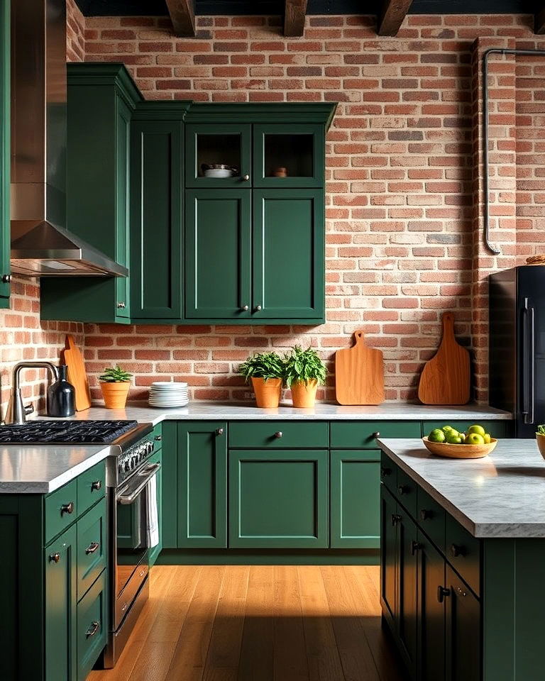 dark green kitchen cabinets with exposed brick