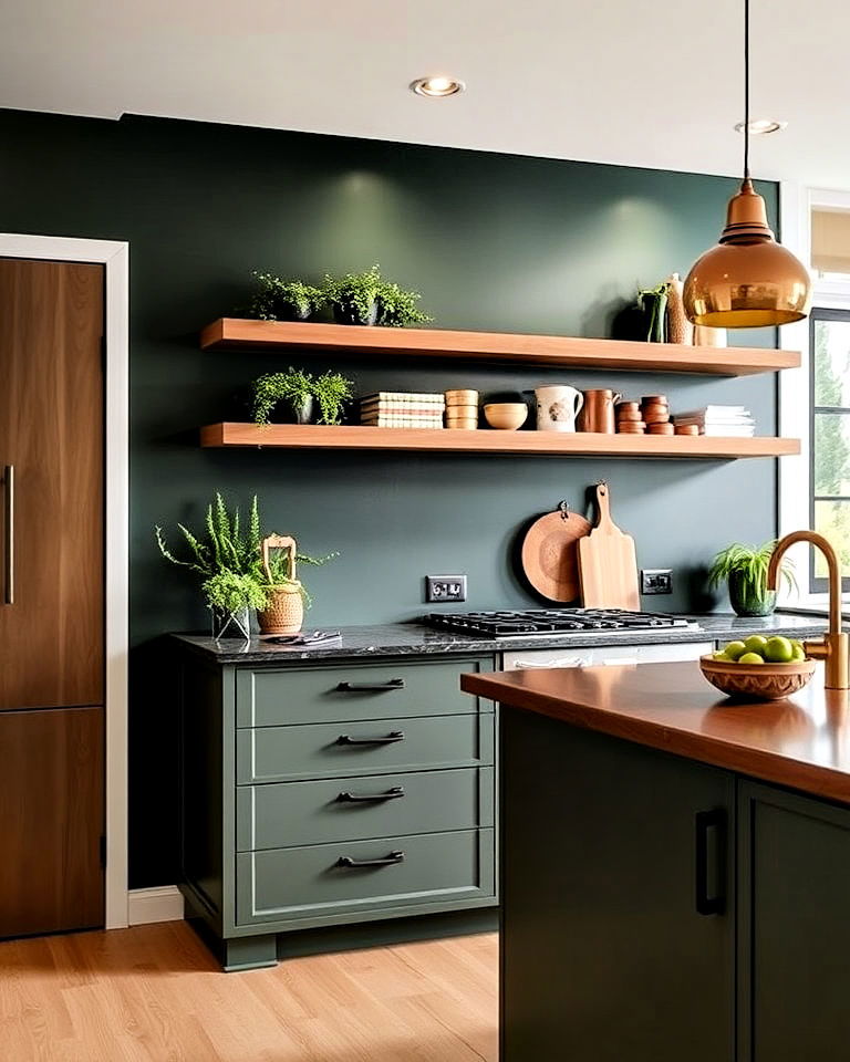 dark green kitchen wall with copper accents