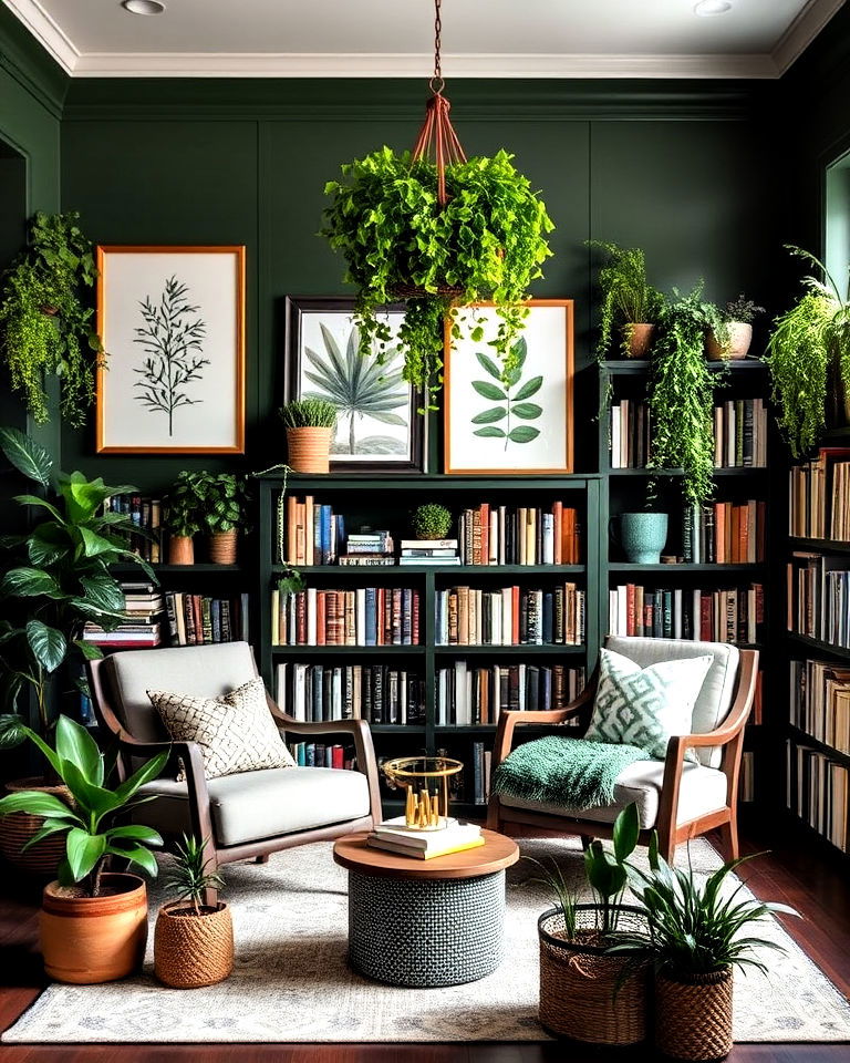 dark green library with botanical touches