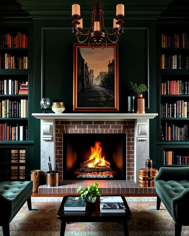 dark green library with fireplace