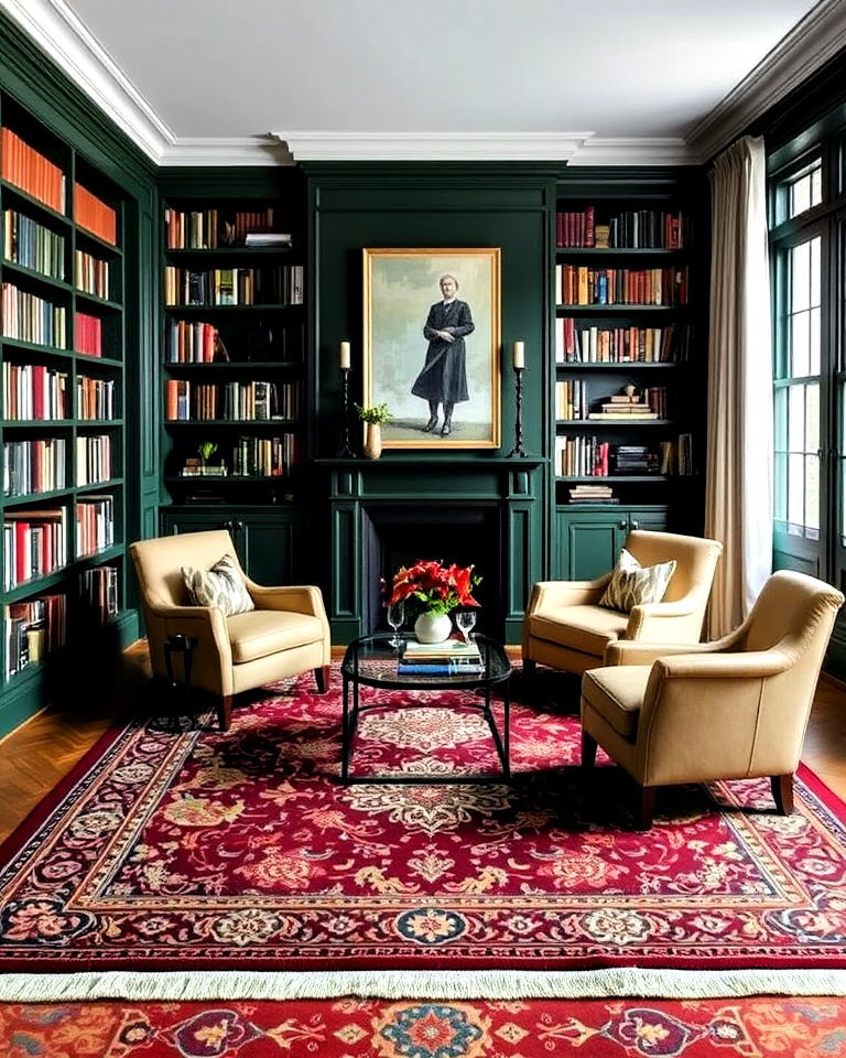 dark green library with patterned rugs