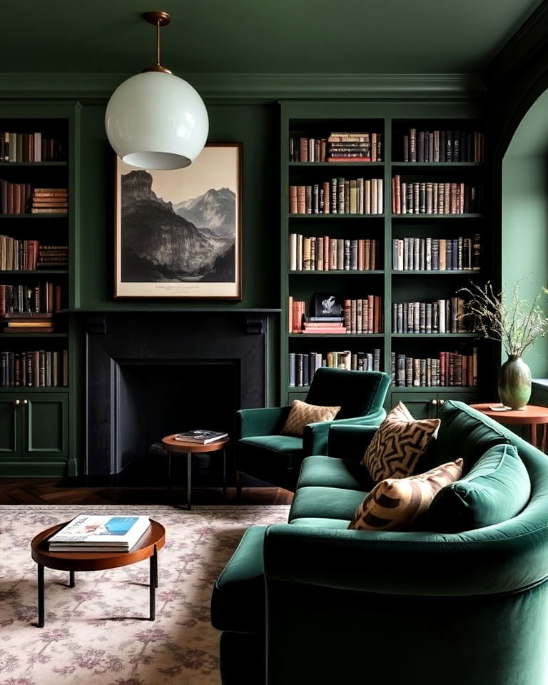 dark green library with velvet accents