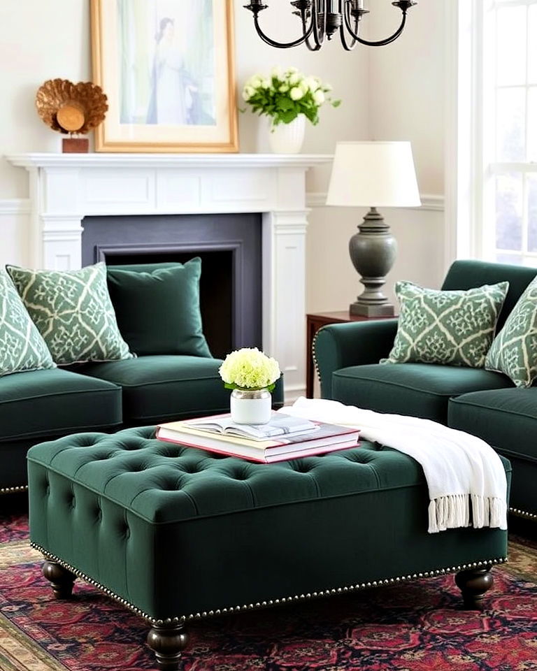 dark green ottoman with victorian detailing