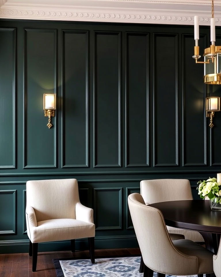 dark green paneling wall with white accents