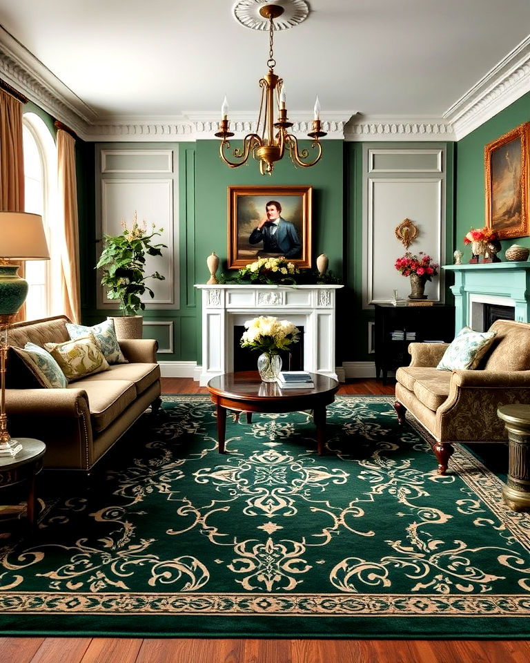 dark green rug with victorian patterns