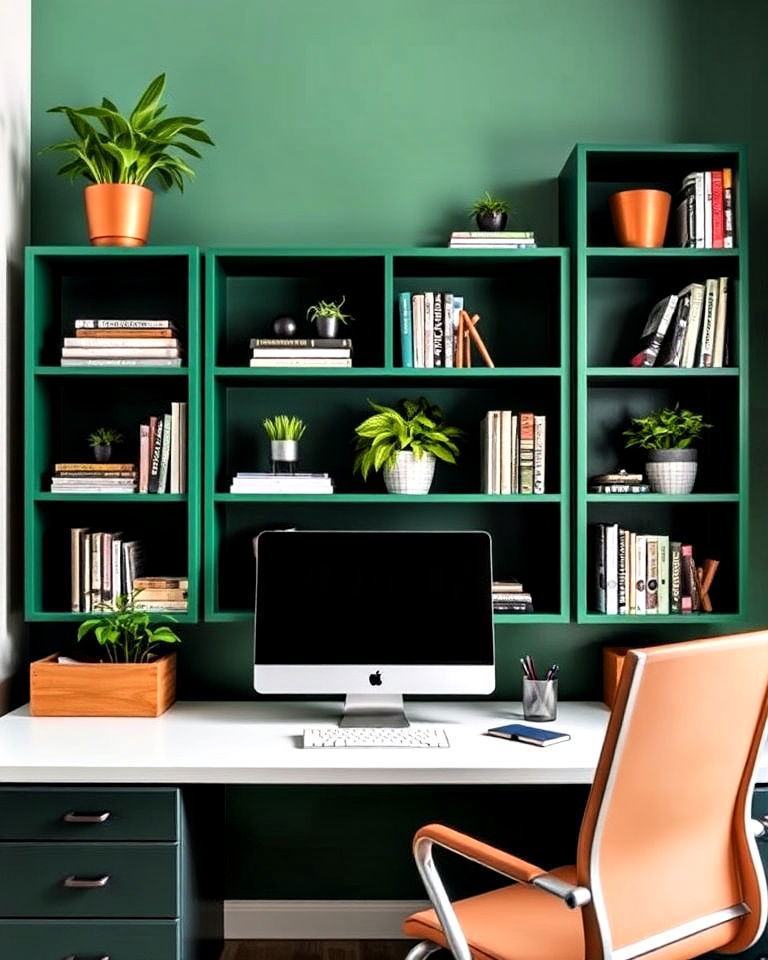 dark green shelving units