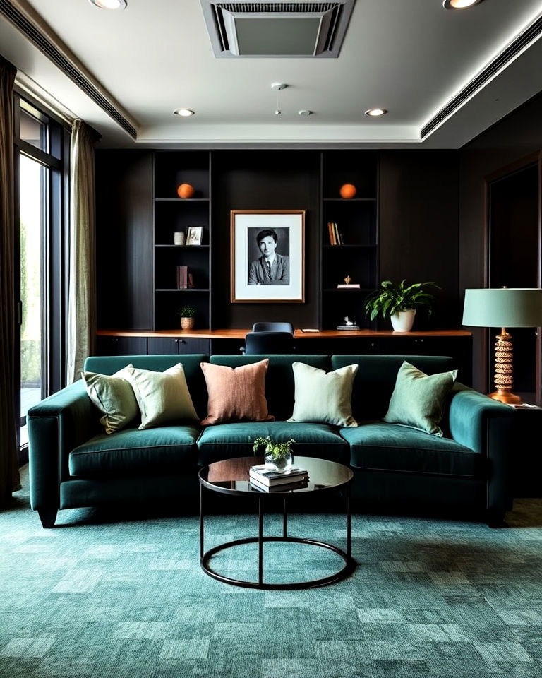 dark green upholstered sofa