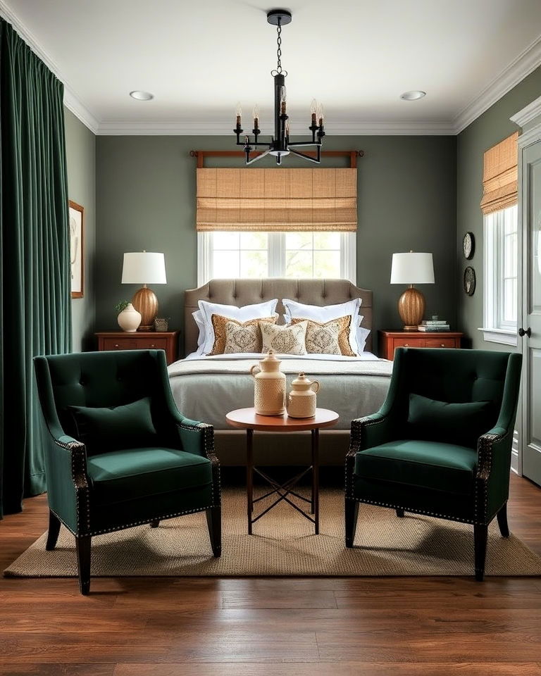 dark green upholstery with rustic brown bedroom decor