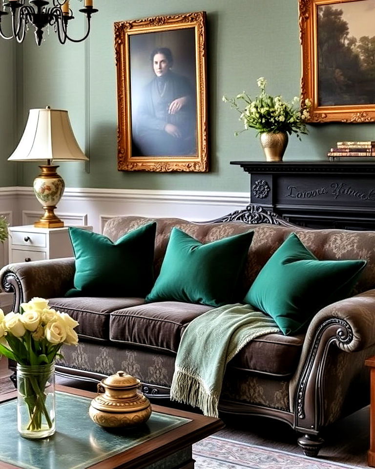 dark green velvet cushions on victorian sofas