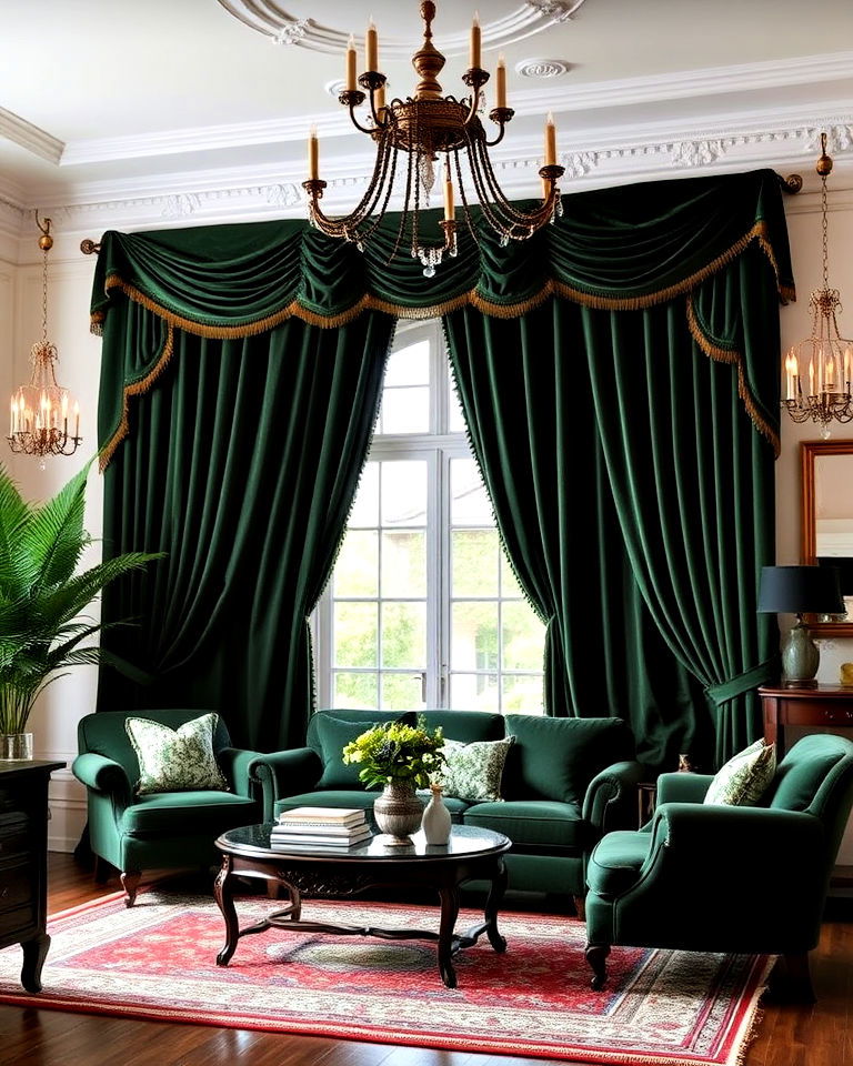 dark green velvet drapes for victorian living room