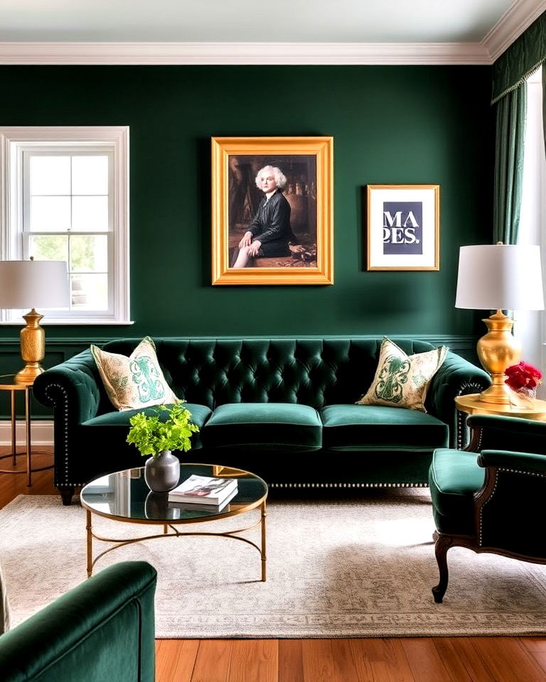 dark green velvet sofa with brass accents