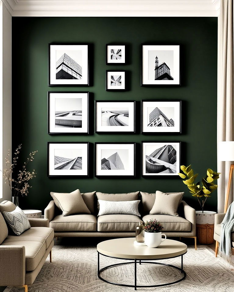 dark green wall with a gallery of black frames