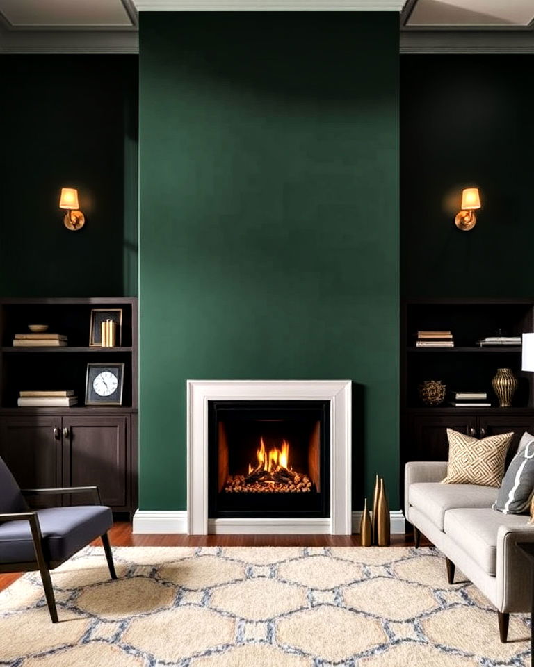 dark green wall with fireplace feature in den