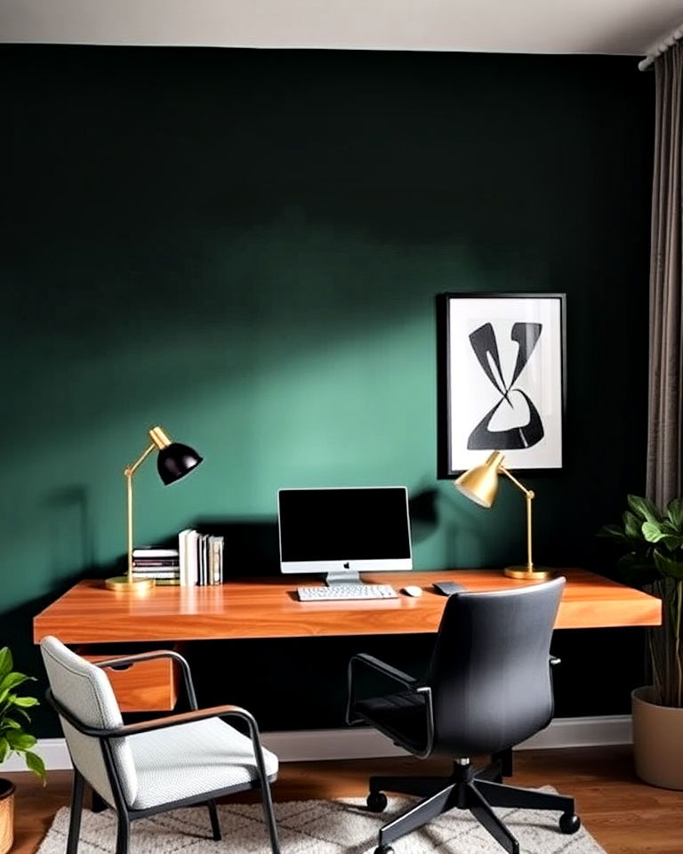 dark green wall with floating wood desk for office