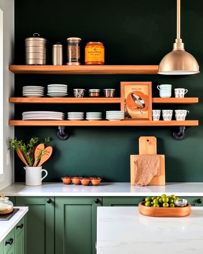 dark green wall with industrial pipe shelving for kitchen