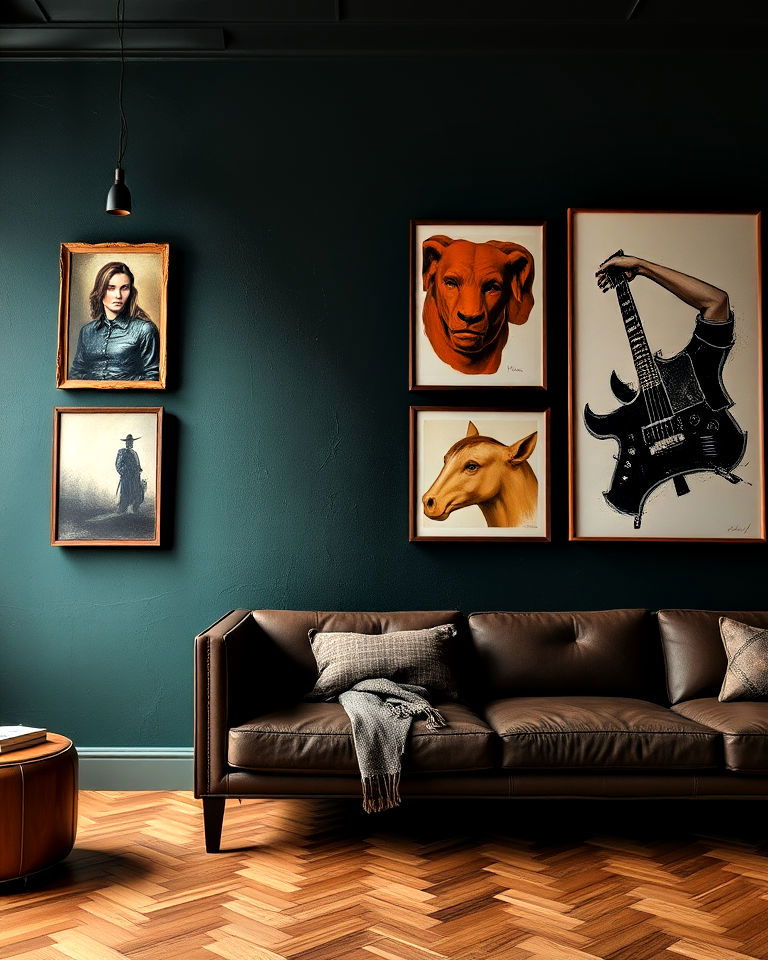 dark green wall with leather accents