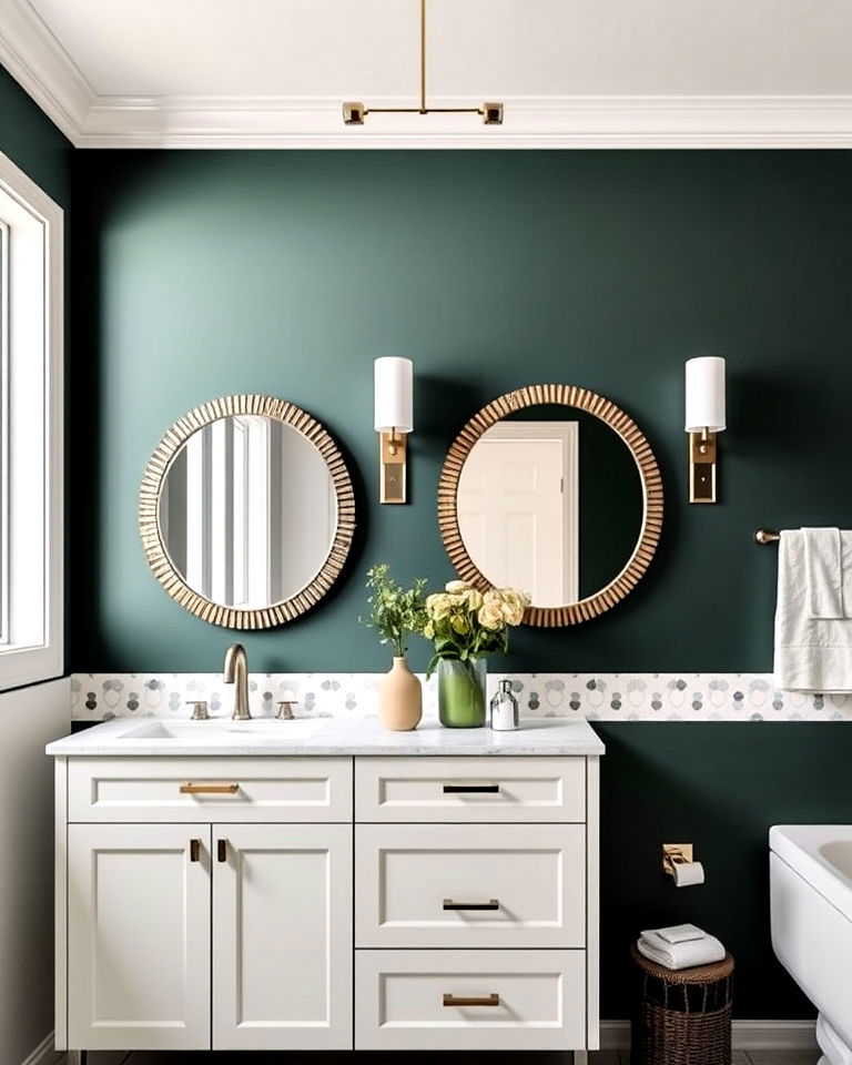 dark green wall with mirror accents