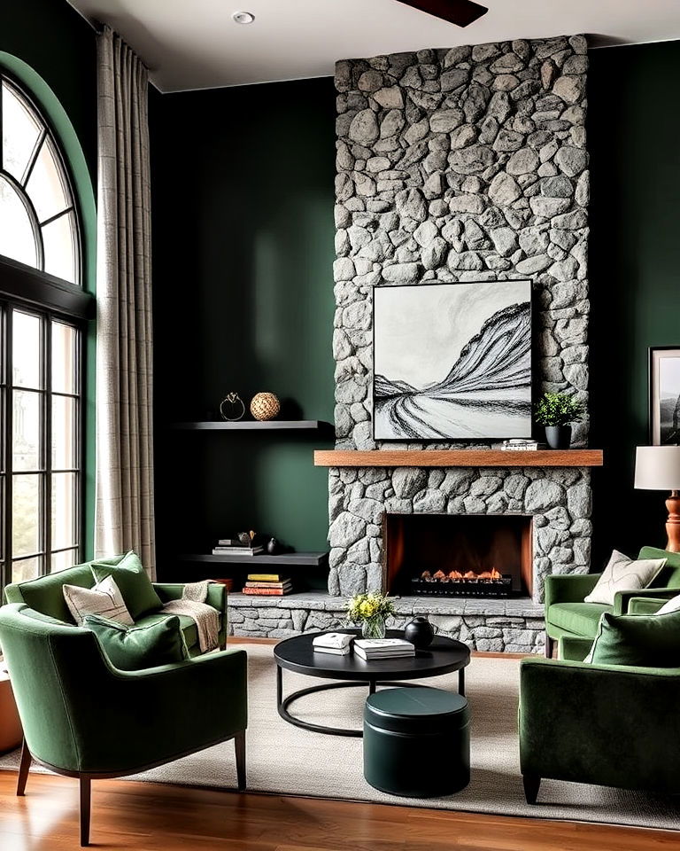 dark green wall with stone accents for living room