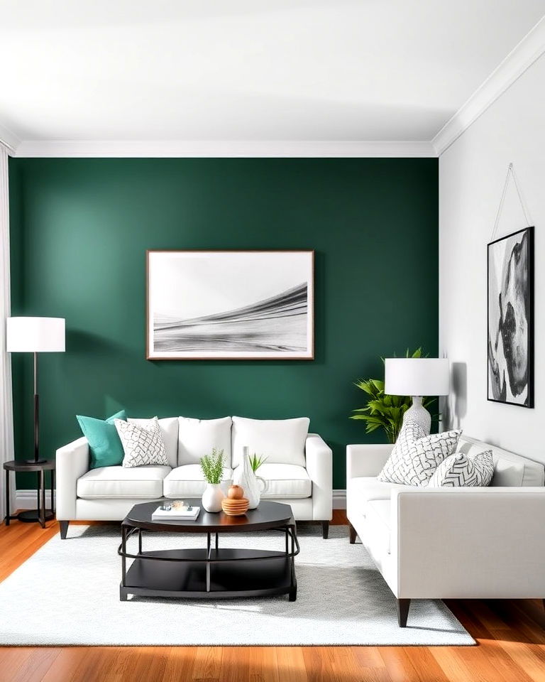 dark green wall with white furniture for living room