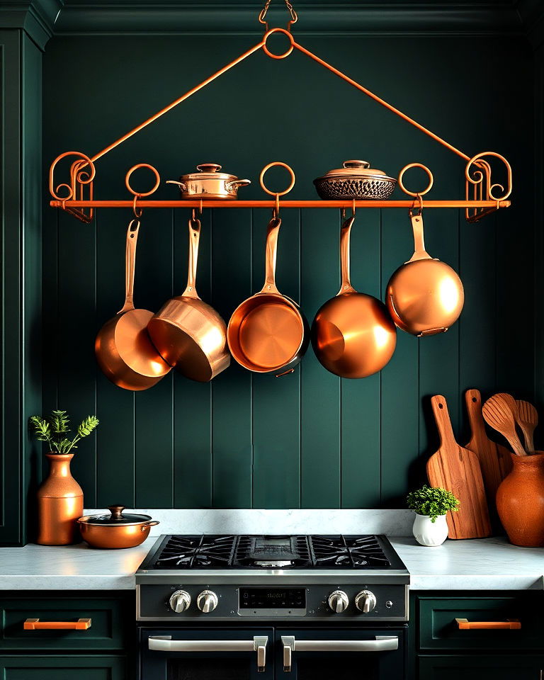 dark green walls with copper hanging pot rack