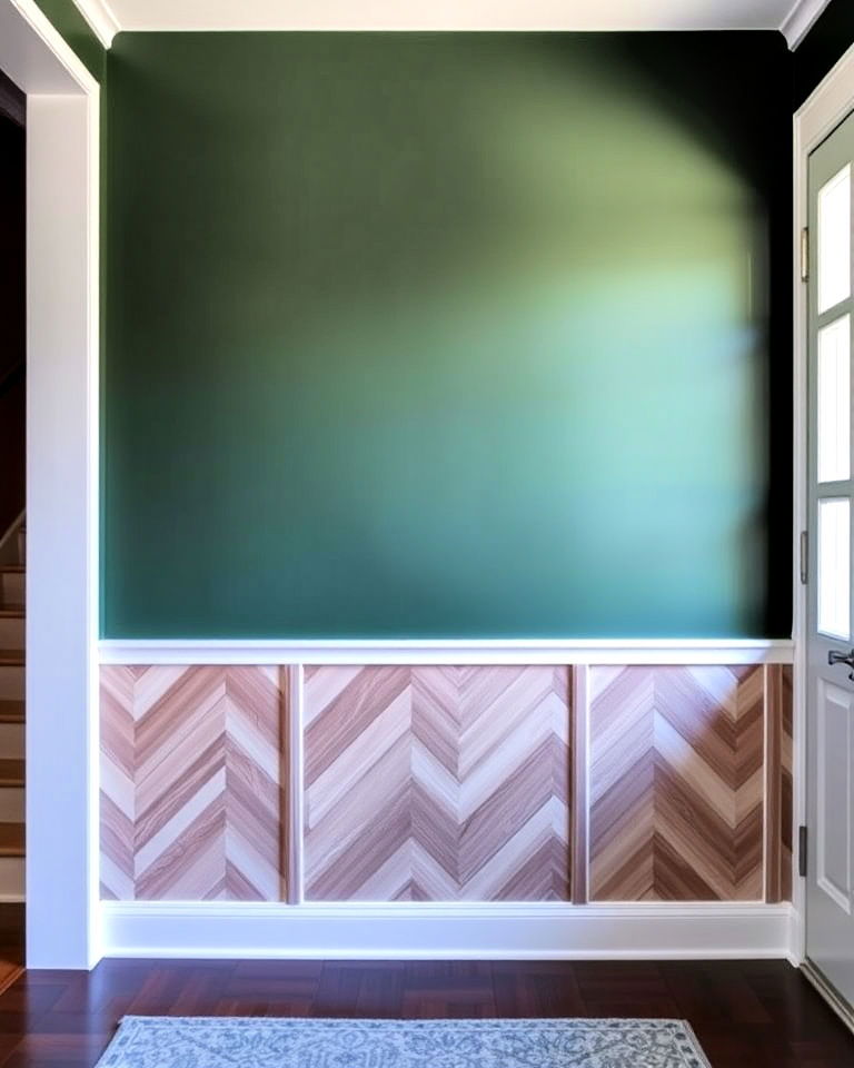 dark green with chevron wood paneling entryway