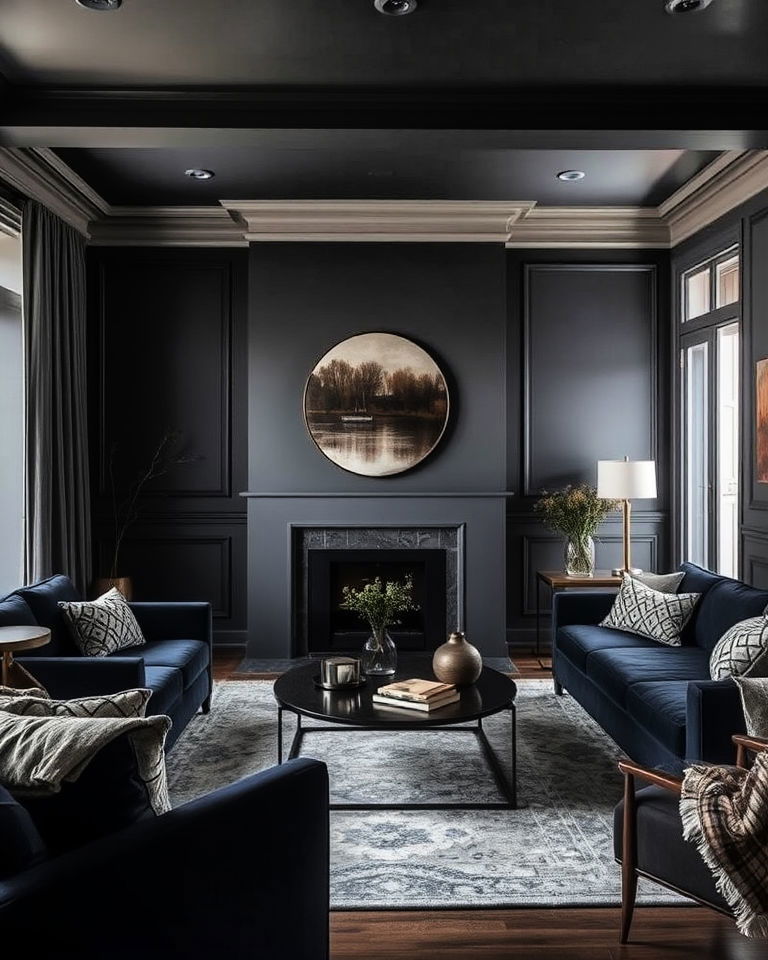 dark grey and navy blue living room for a moody look