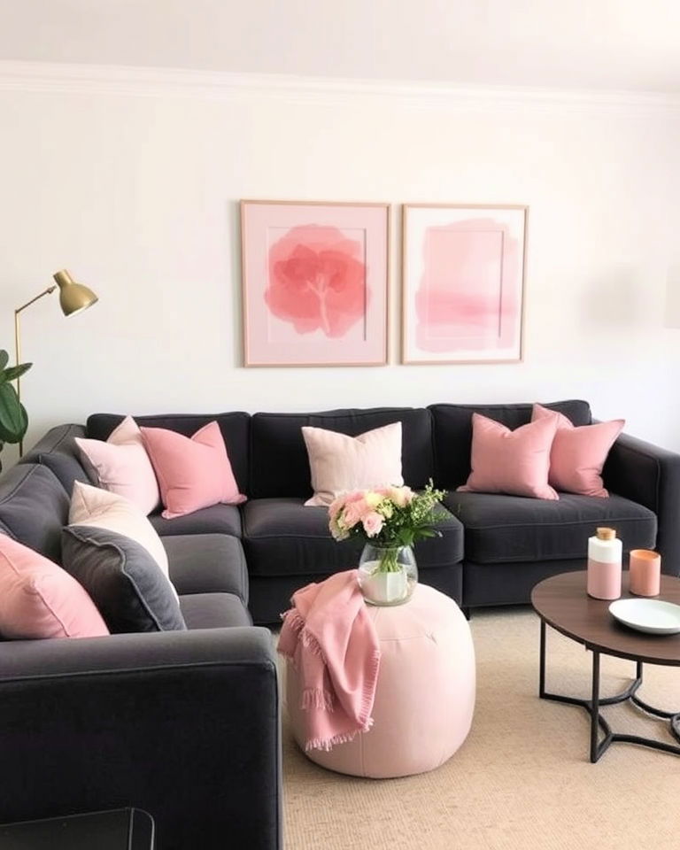 dark grey and soft blush accents living room