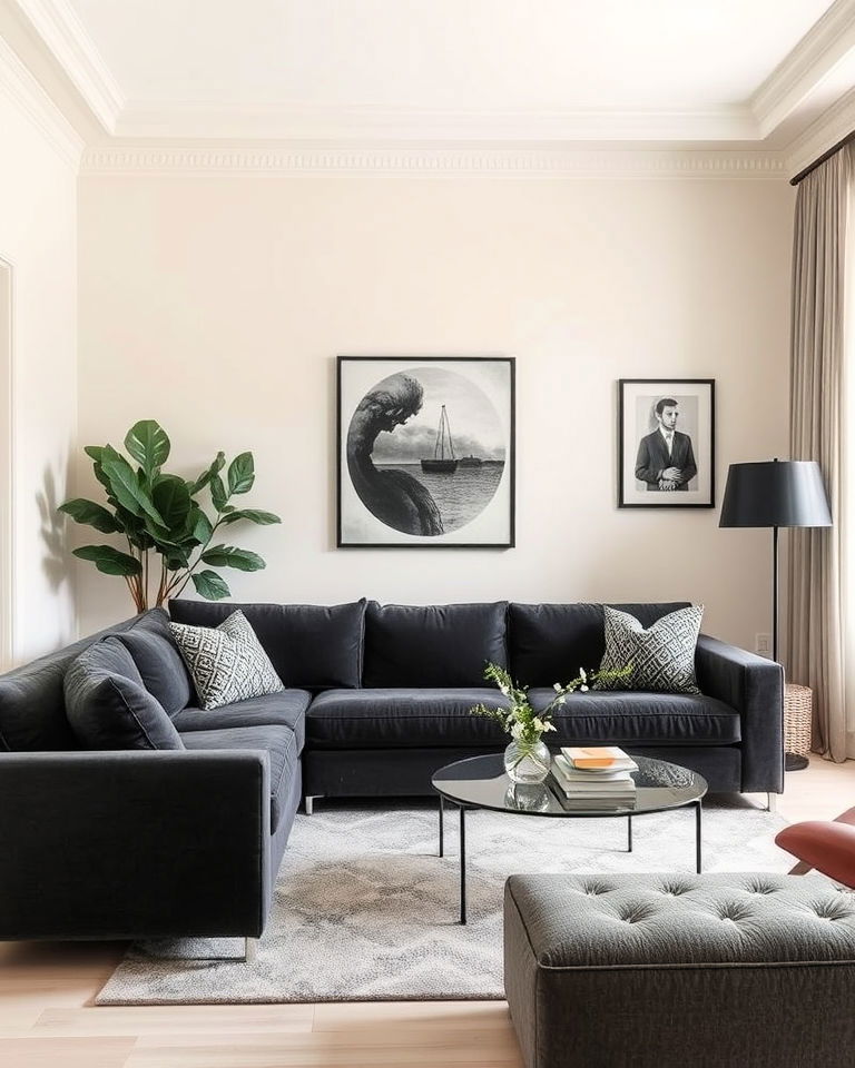 dark grey couch contrast with light walls