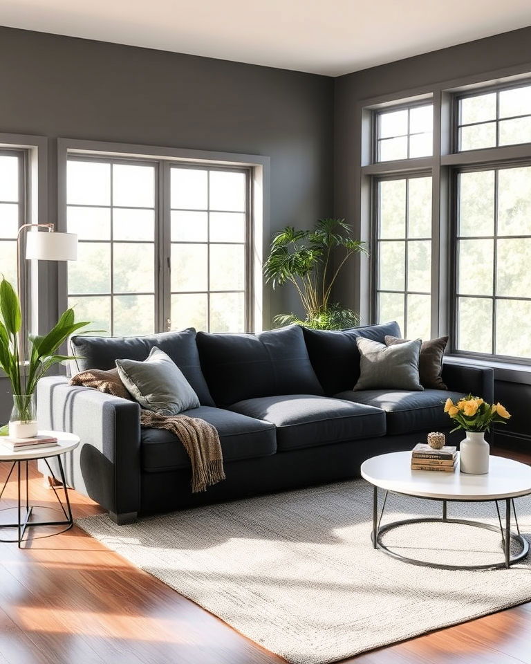 dark grey couch with ample natural light