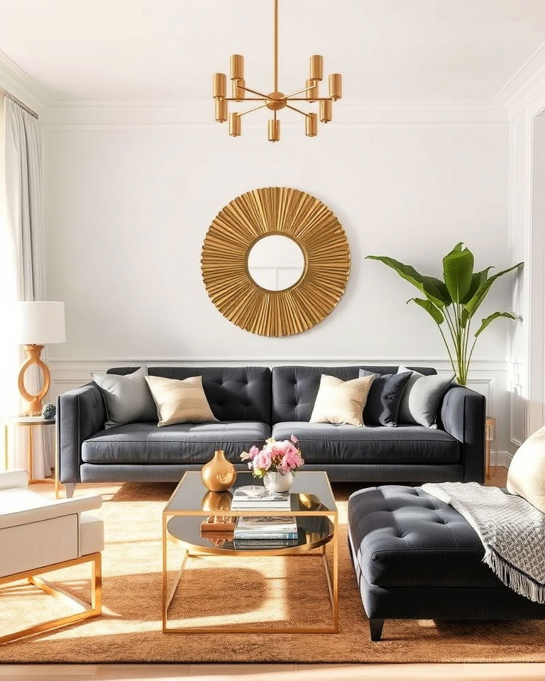 dark grey couch with gold accents living room