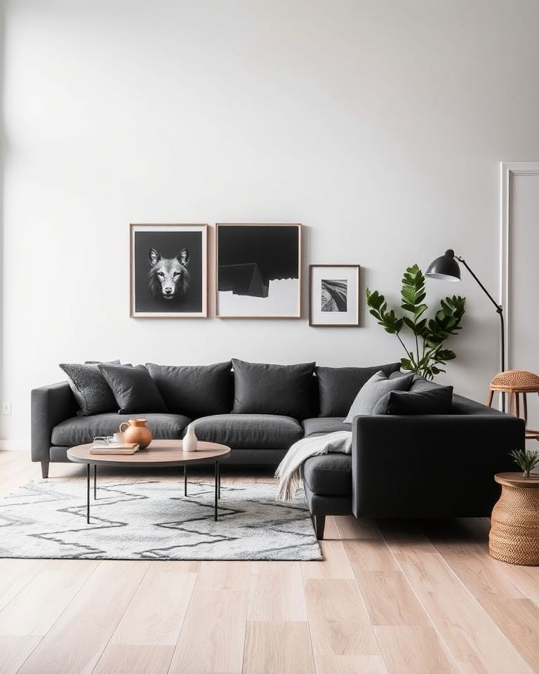 dark grey couch with light colored flooring