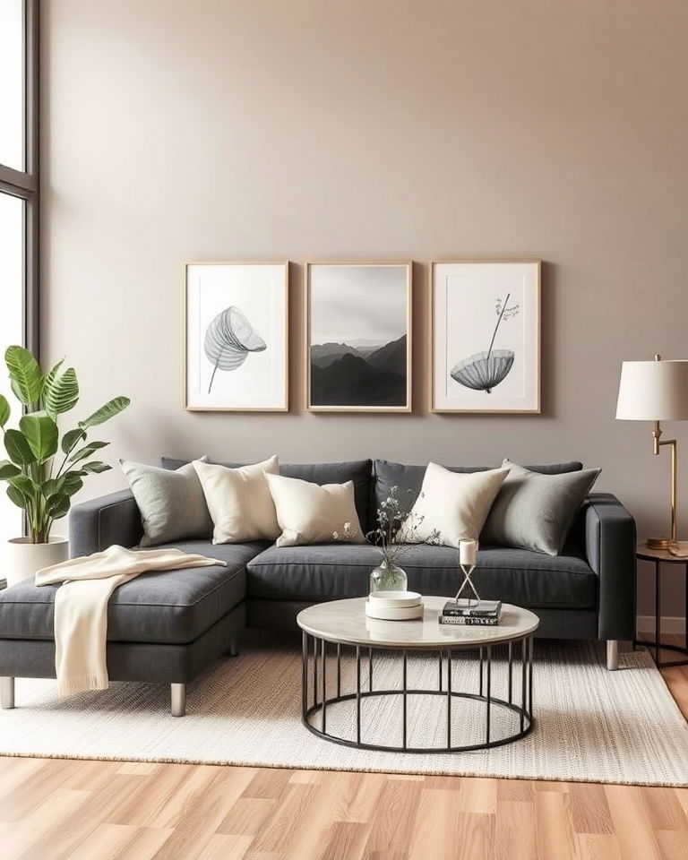 dark grey couch with soft neutral tones