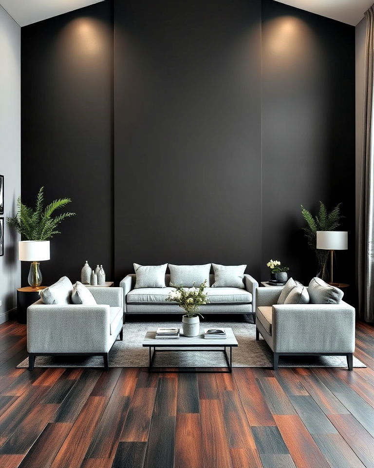 dark grey living room accent wall with dark wood flooring