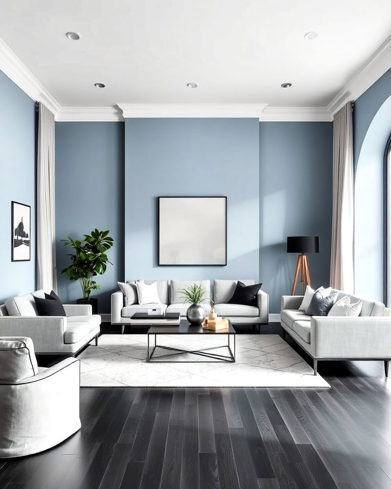 dark grey living room floor with powder blue walls