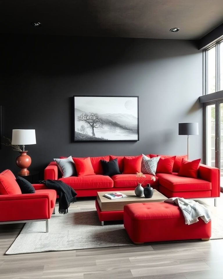 dark grey walls with bold red accents living room