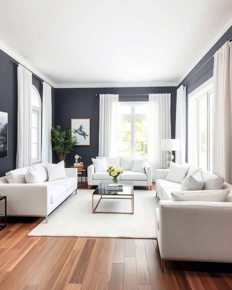 dark grey walls with bright white furniture