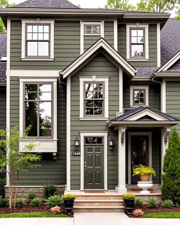 dark olive exterior with light gray trim