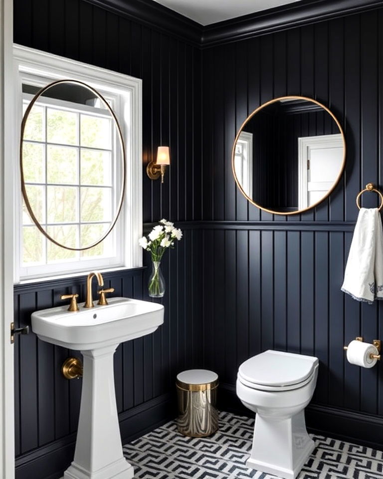 dark painted beadboard bathroom