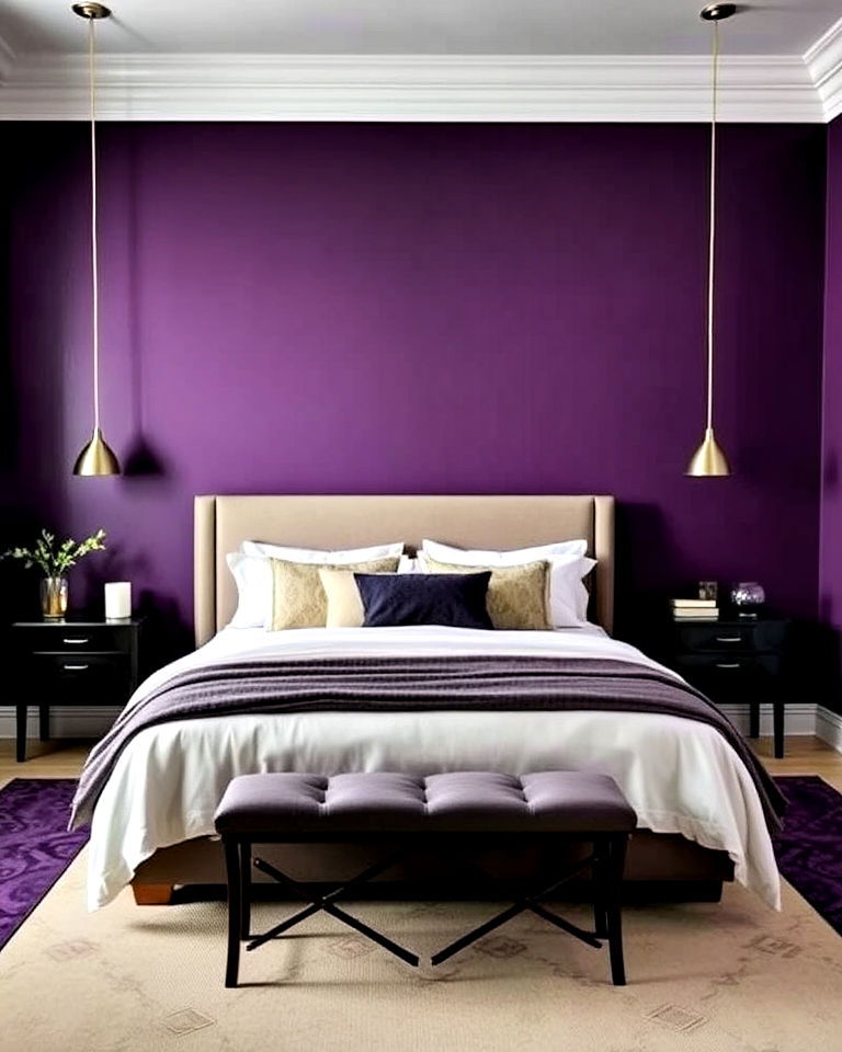 dark purple feature wall behind the bed